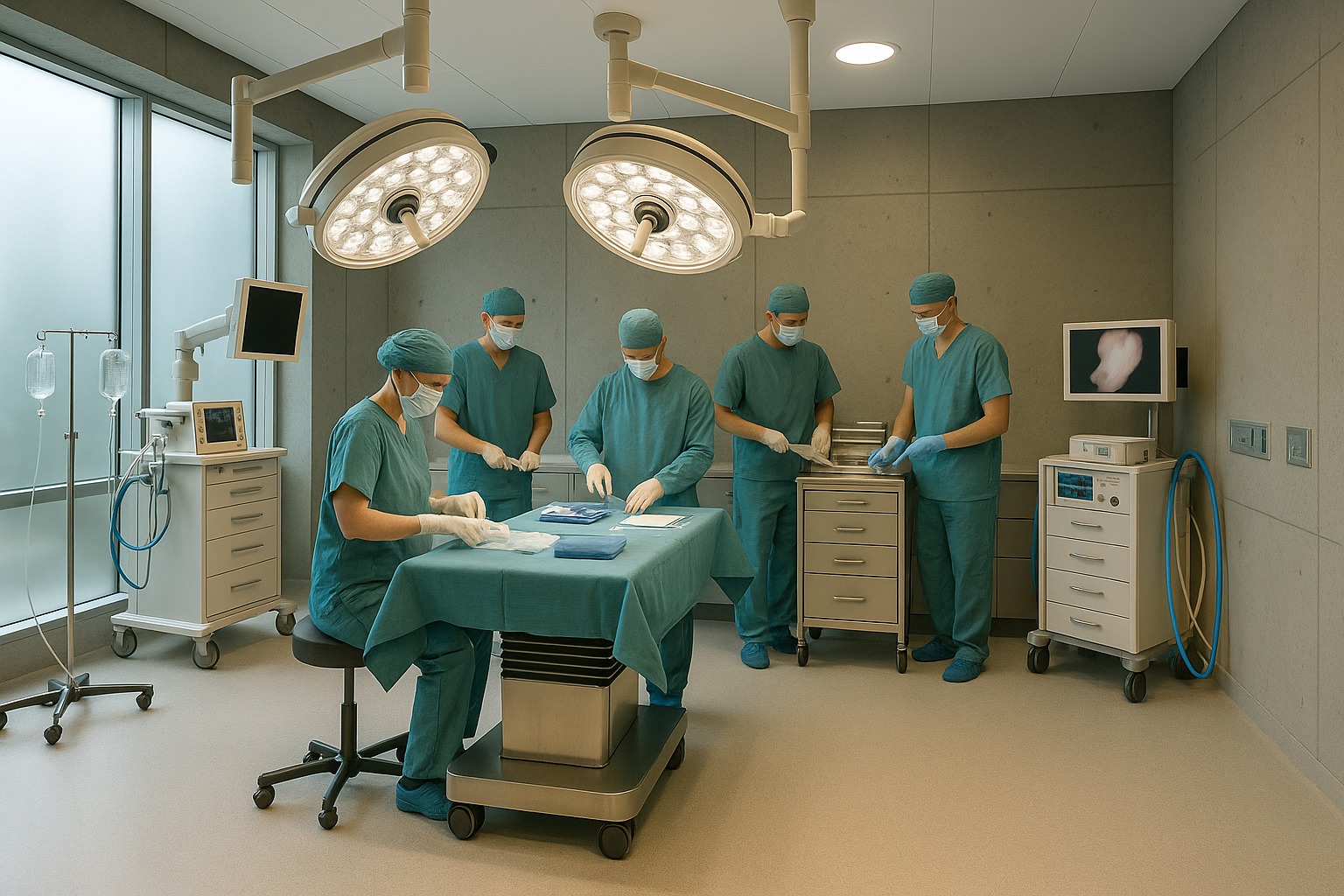 Render conceptual de personal médico preparando un quirófano