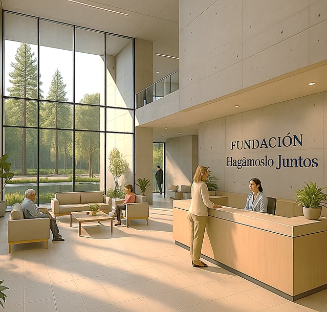 Render conceptual de la recepción para pacientes del futuro centro quirúrgico