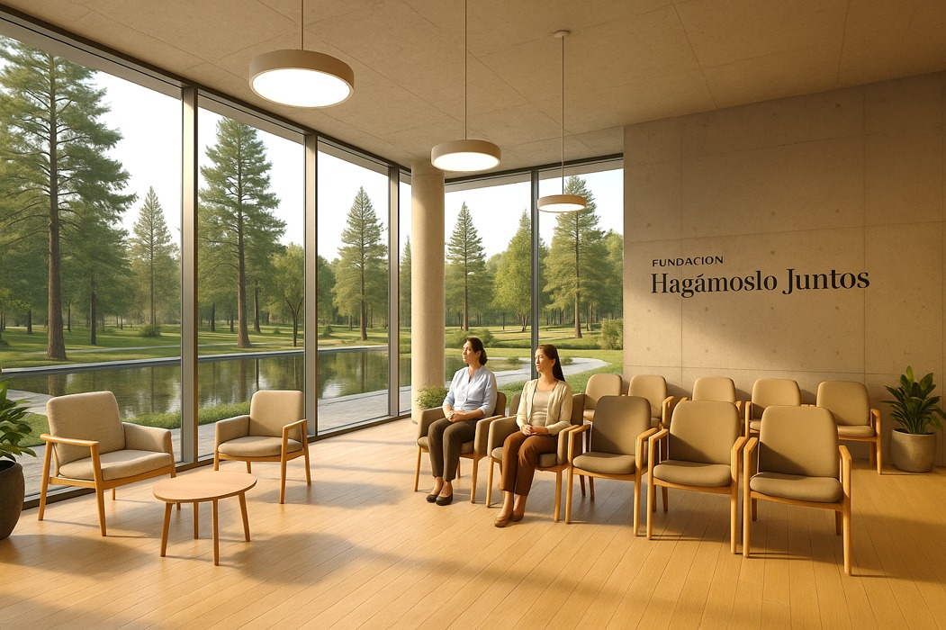 Render conceptual de una sala de espera para pacientes y familiares