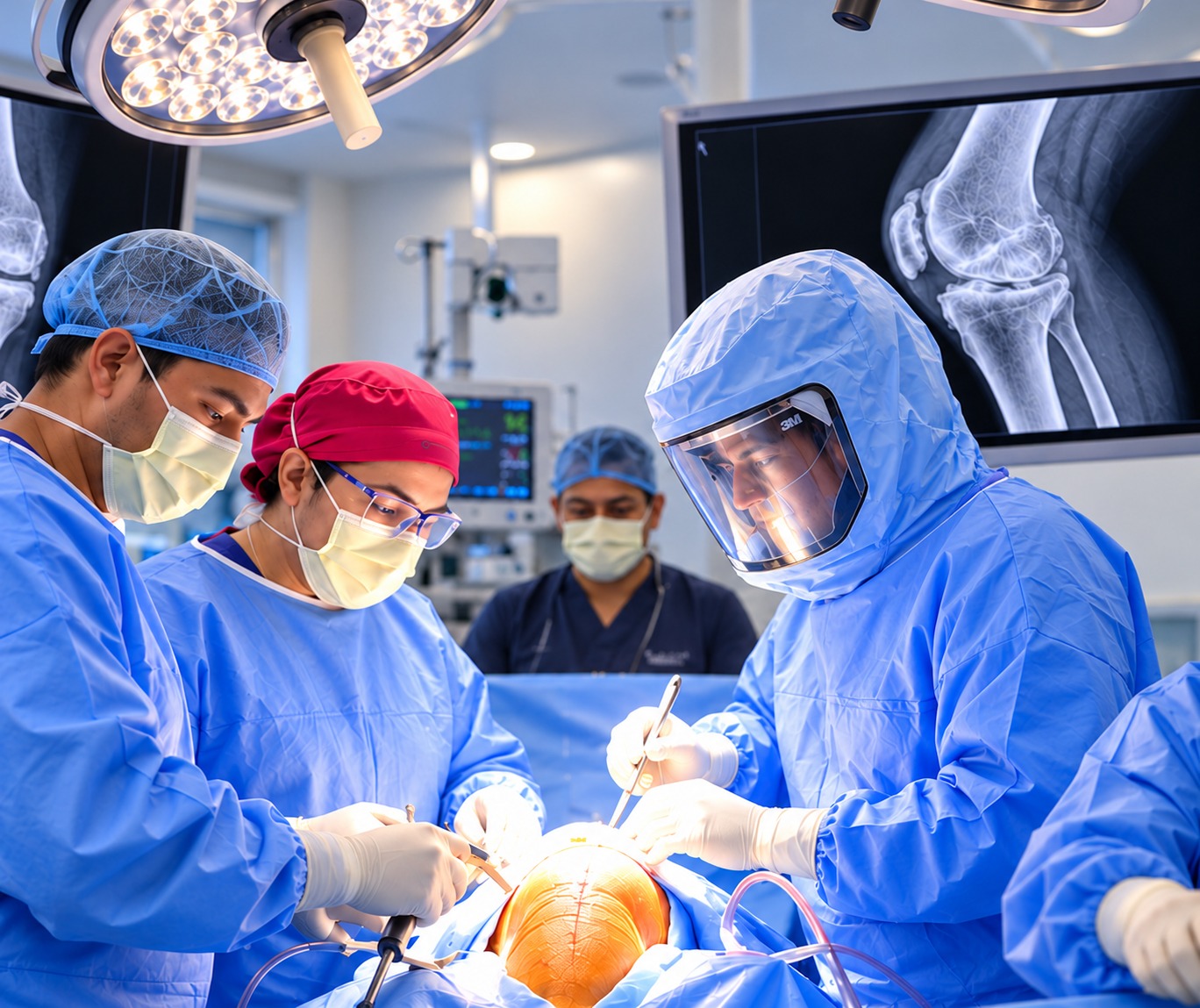 Equipo quirúrgico realizando una cirugía de reemplazo de rodilla con apoyo de radiografías