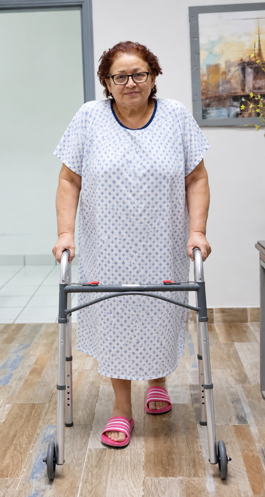 Paciente recupera movilidad con su andador después de una cirugía de reemplazo de rodilla.