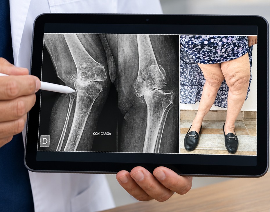 Radiografías de rodillas con artrosis avanzada, junto a las piernas de una paciente antes de su cirugía